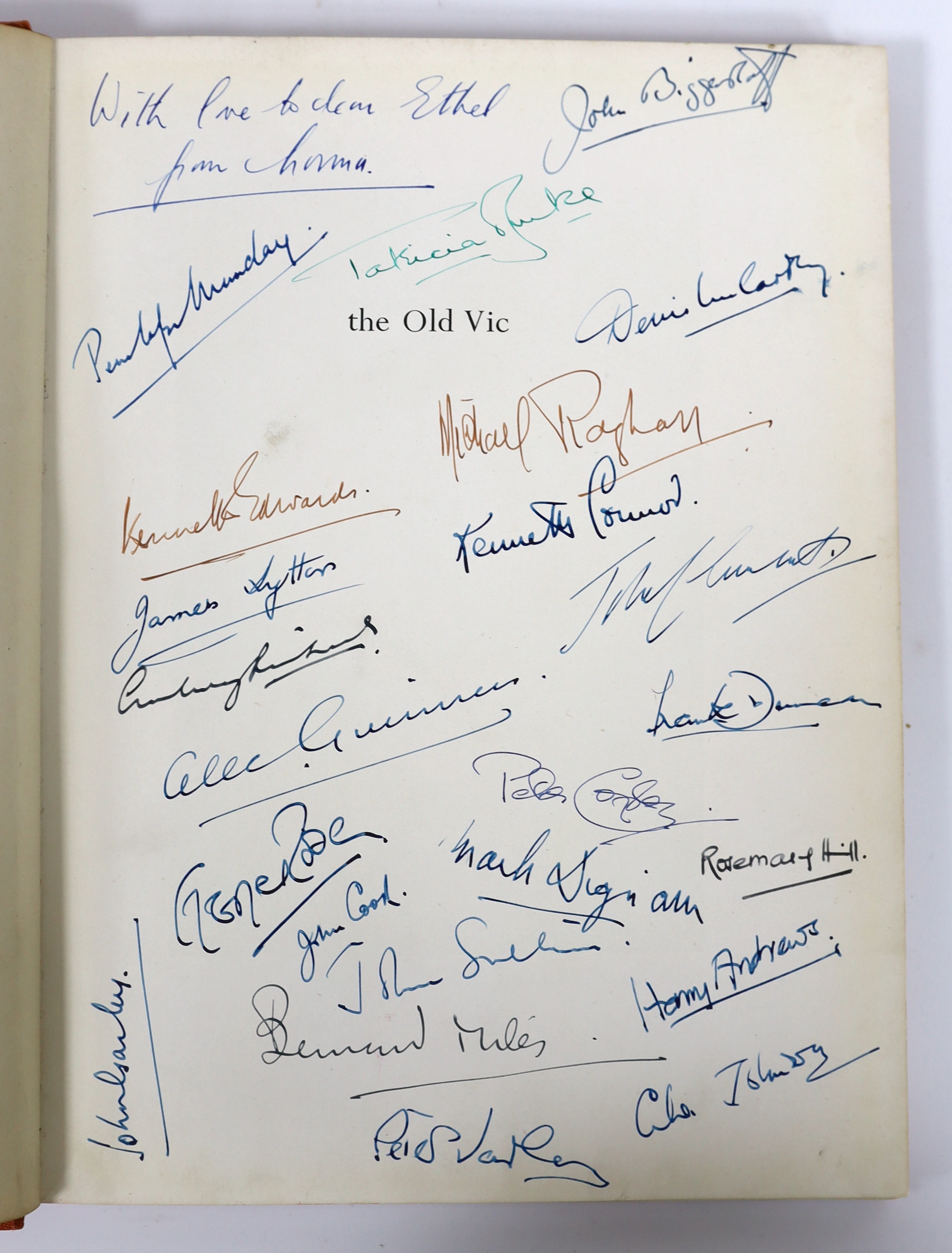 Signatures of Actors and Actresses at the Old Vic, as inscribed to front fly leaves of ‘’The Old Vic in photographs’’, by John Vickers, 4to, cloth, The Saturn Press, 1947 - some 28 signatures, including - Alec Guinness;